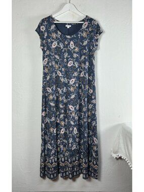 J.Jill Womens Paisley Floral Maxi Dress Large Navy Blue Short Sleeve Boho NWOT